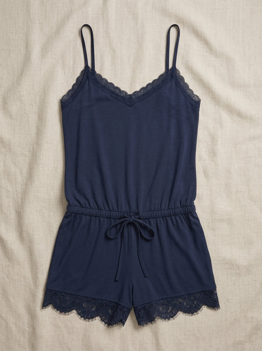 Lace Detail Pajama Romper | V-Neck One-Piece