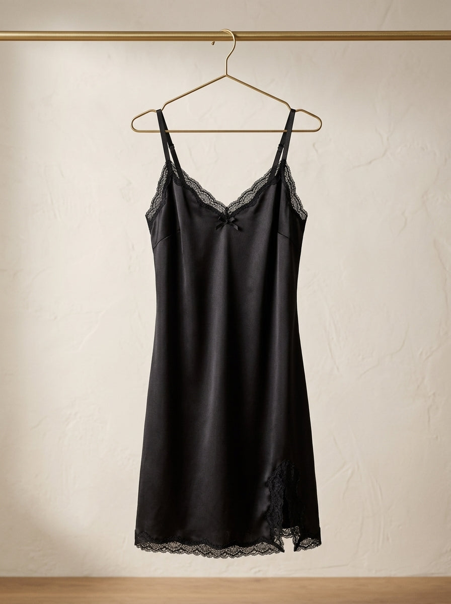 Lace Trim Satin Nightgown | Elegant V-Neck Style